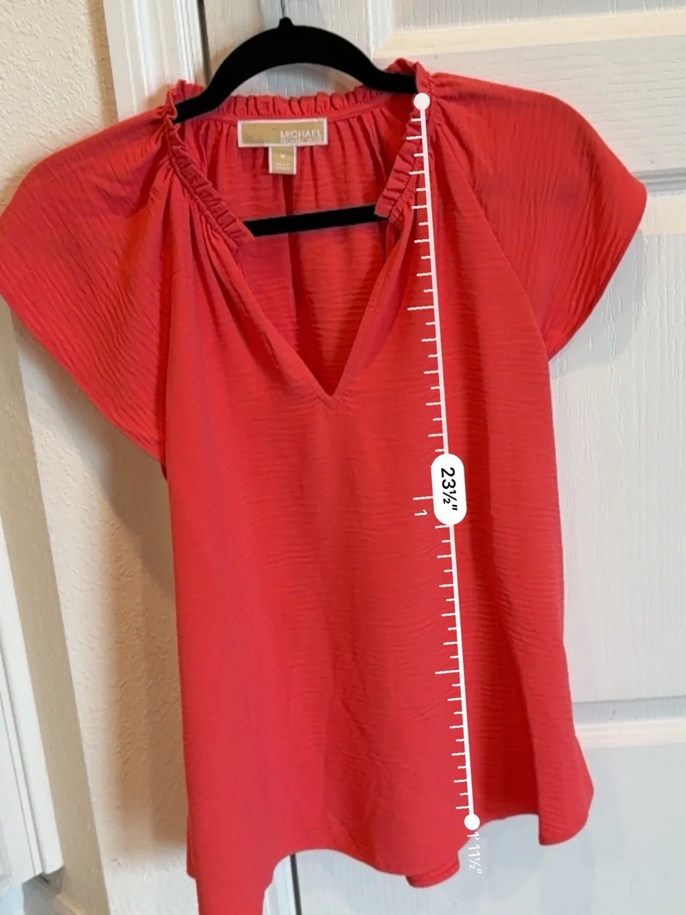 Michael Kors Coral Red Ruffled V-Neck Short Sleeve Blouse